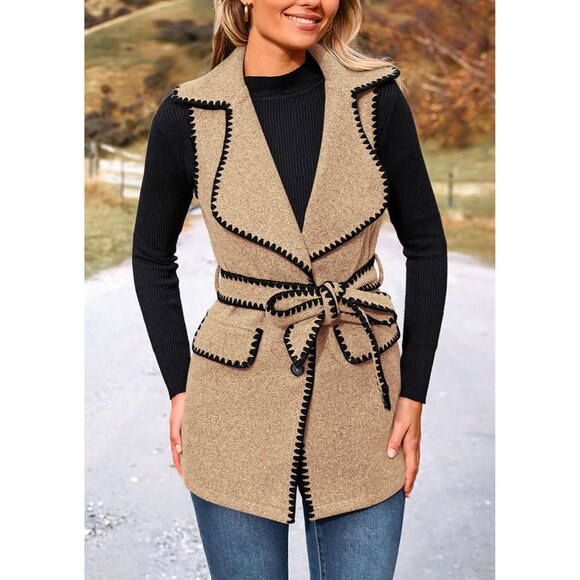 Women's Tweed Vest Outerwear Large Sleeveless Button Belt Fall Winter - Picture 9 of 9